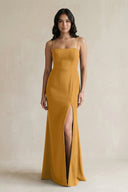 Spaghetti Straps Sheath Stain Bridesmaid Dress With Slit in Marigold - KissProm Bridesmaid Dresses