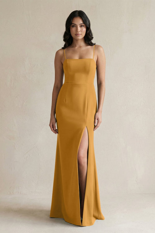Spaghetti Straps Sheath Stain Bridesmaid Dress With Slit in Marigold - KissProm Bridesmaid Dresses