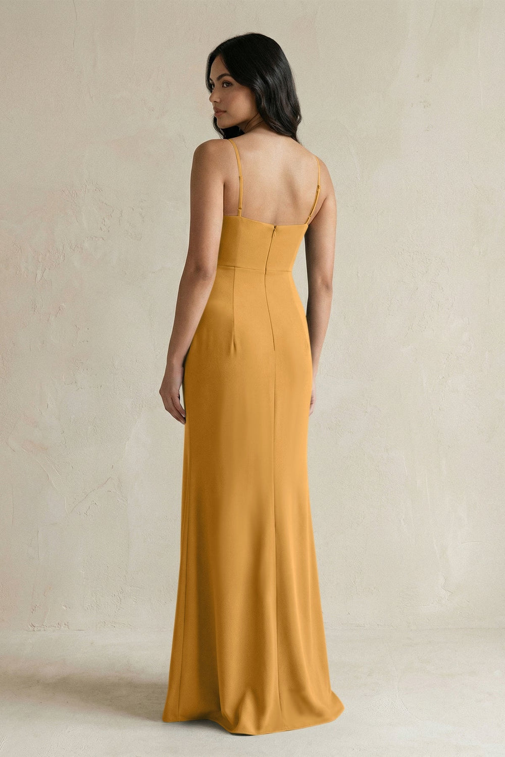 Spaghetti Straps Sheath Stain Bridesmaid Dress With Slit in Marigold - KissProm Bridesmaid Dresses