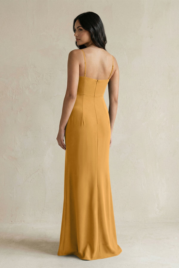 Spaghetti Straps Sheath Stain Bridesmaid Dress With Slit in Marigold - KissProm Bridesmaid Dresses