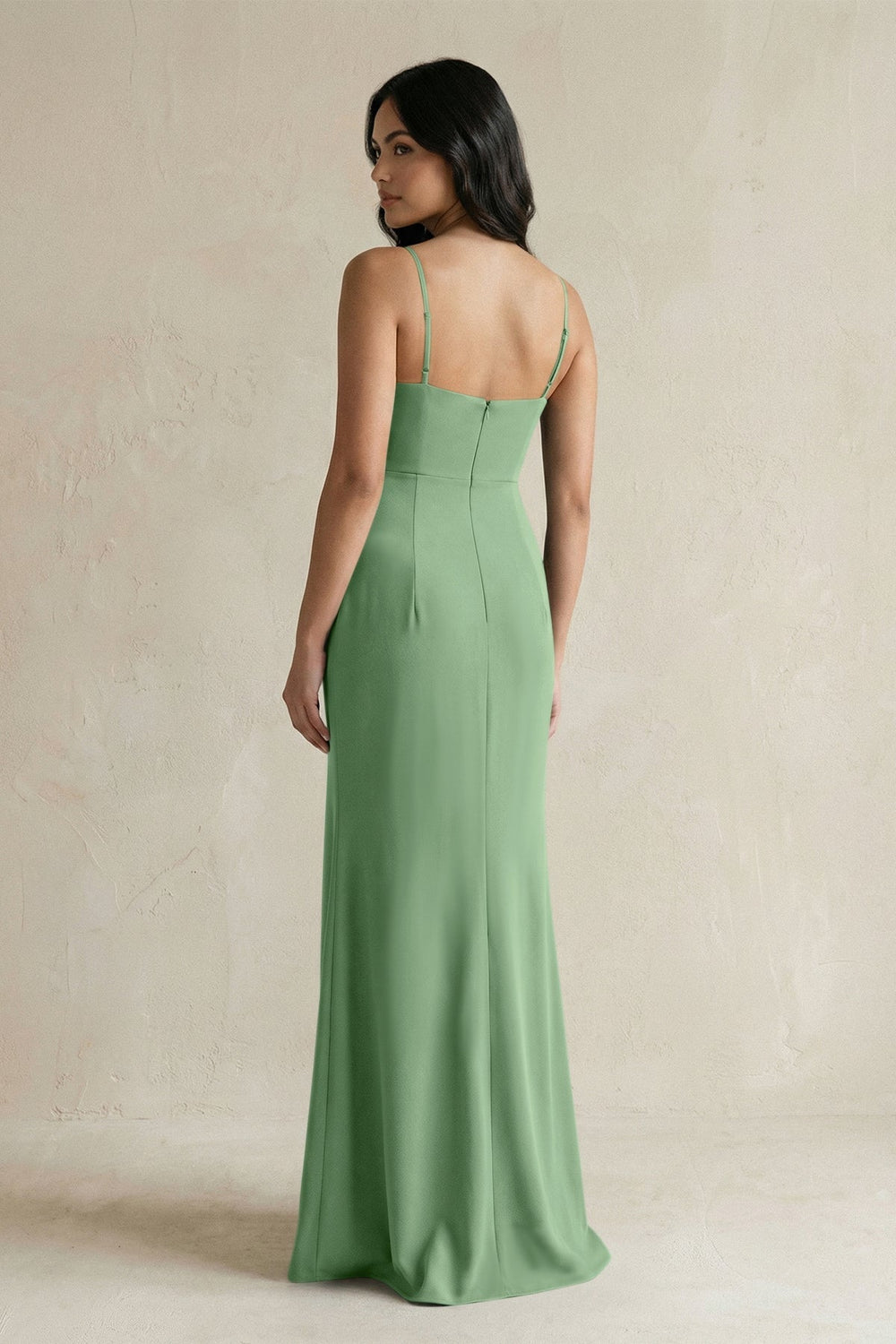 Spaghetti Straps Sheath Stain Bridesmaid Dress With Slit in Matcha - KissProm Bridesmaid Dresses