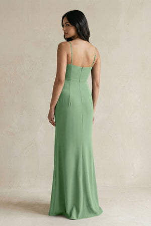 Spaghetti Straps Sheath Stain Bridesmaid Dress With Slit in Matcha - KissProm Bridesmaid Dresses