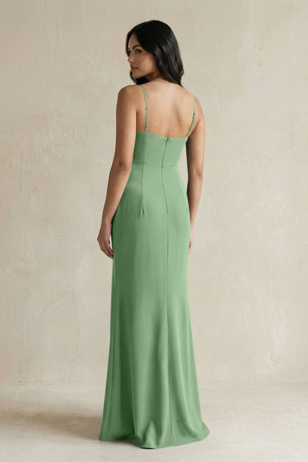 Spaghetti Straps Sheath Stain Bridesmaid Dress With Slit in Matcha - KissProm Bridesmaid Dresses