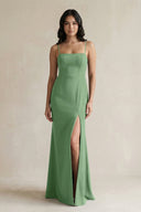 Spaghetti Straps Sheath Stain Bridesmaid Dress With Slit in Matcha - KissProm Bridesmaid Dresses