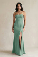 Spaghetti Straps Sheath Stain Bridesmaid Dress With Slit in Mint Green - KissProm Bridesmaid Dresses