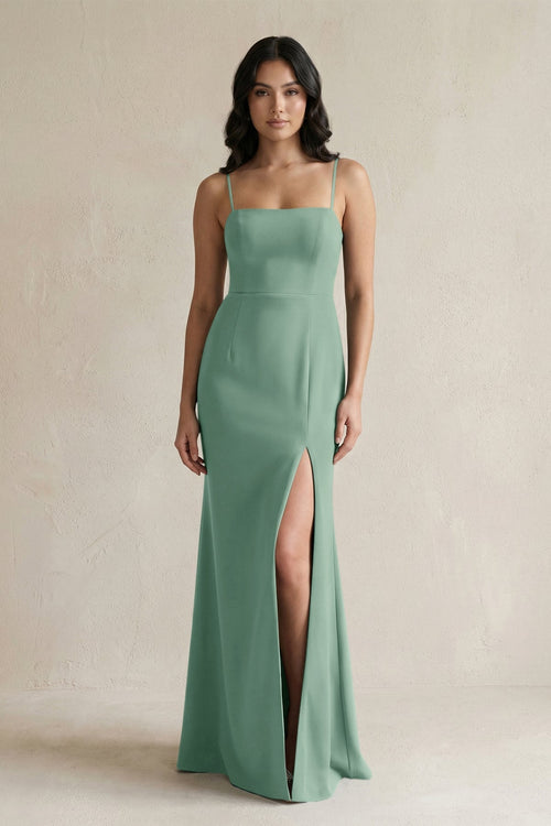 Spaghetti Straps Sheath Stain Bridesmaid Dress With Slit in Mint Green - KissProm Bridesmaid Dresses