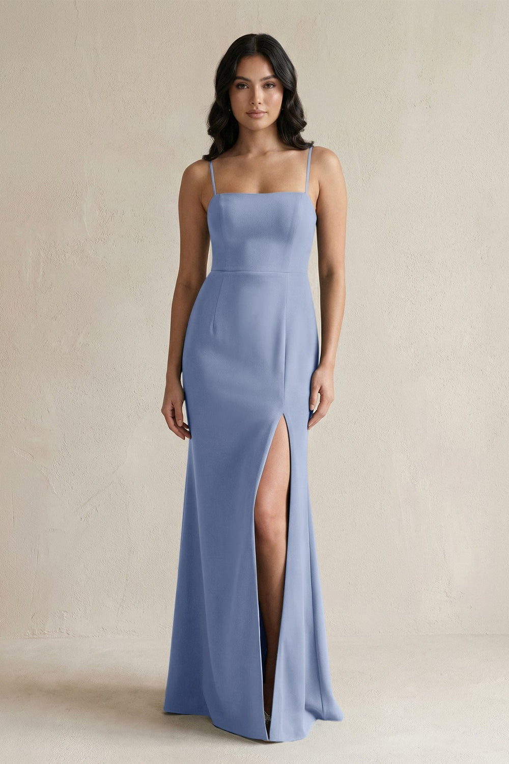 Spaghetti Straps Sheath Stain Bridesmaid Dress With Slit in Mist - KissProm Bridesmaid Dresses