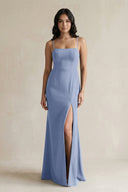 Spaghetti Straps Sheath Stain Bridesmaid Dress With Slit in Mist - KissProm Bridesmaid Dresses