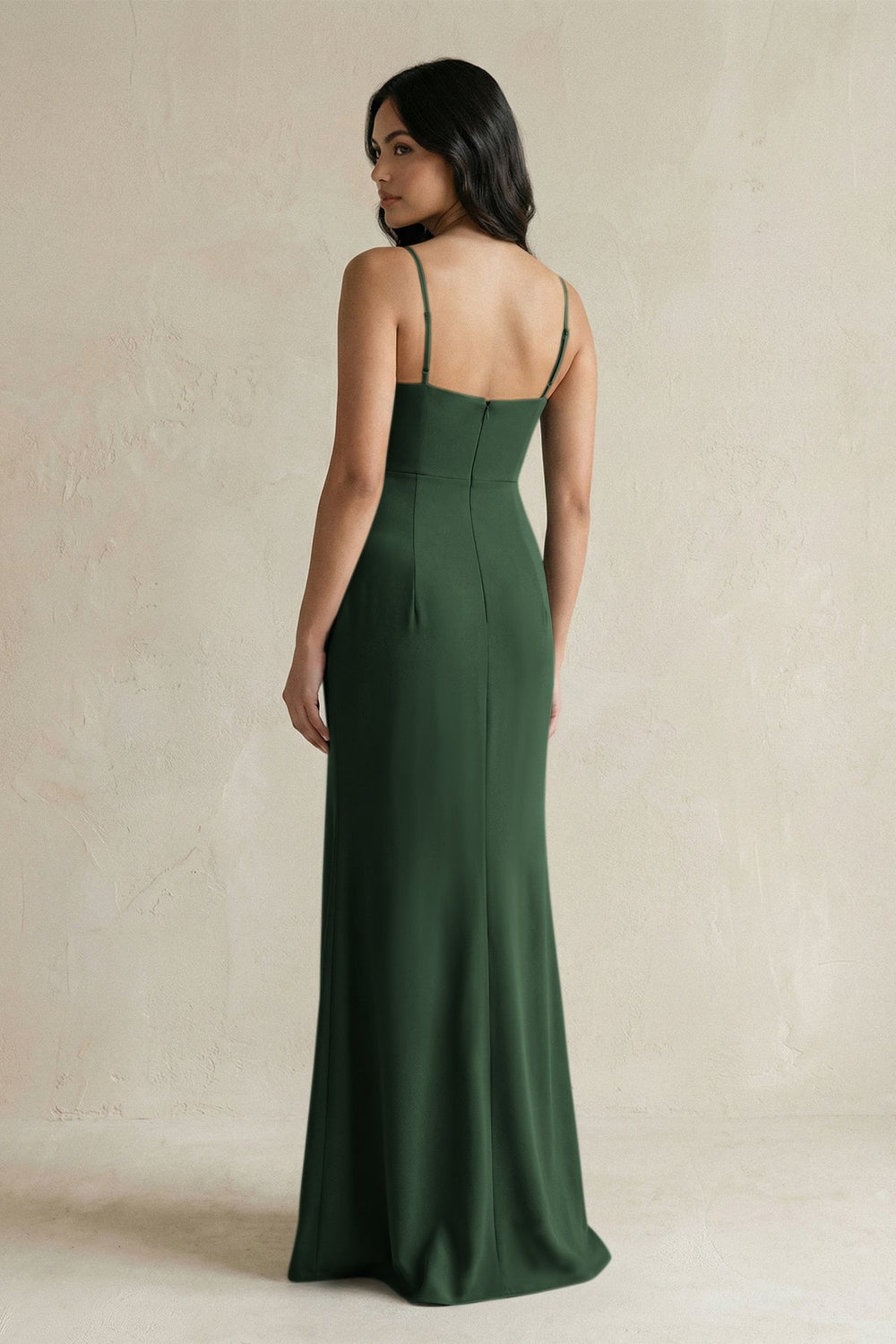Spaghetti Straps Sheath Stain Bridesmaid Dress With Slit in Moss - KissProm Bridesmaid Dresses