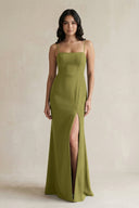 Spaghetti Straps Sheath Stain Bridesmaid Dress With Slit in Moss Green - KissProm Bridesmaid Dresses