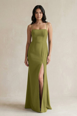 Spaghetti Straps Sheath Stain Bridesmaid Dress With Slit in Moss Green - KissProm Bridesmaid Dresses