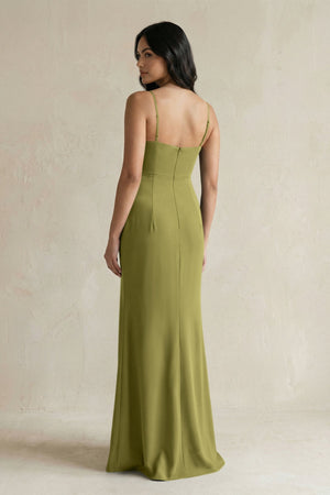 Spaghetti Straps Sheath Stain Bridesmaid Dress With Slit in Moss Green - KissProm Bridesmaid Dresses