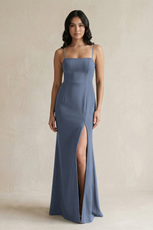 Spaghetti Straps Sheath Stain Bridesmaid Dress With Slit in Neptune - KissProm Bridesmaid Dresses