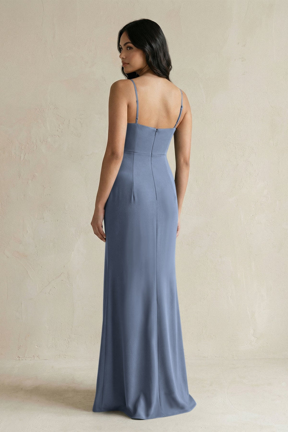 Spaghetti Straps Sheath Stain Bridesmaid Dress With Slit in Neptune - KissProm Bridesmaid Dresses
