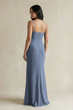 Spaghetti Straps Sheath Stain Bridesmaid Dress With Slit in Neptune - KissProm Bridesmaid Dresses