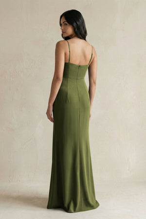 Spaghetti Straps Sheath Stain Bridesmaid Dress With Slit in Olive - KissProm Bridesmaid Dresses