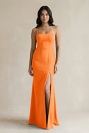 Spaghetti Straps Sheath Stain Bridesmaid Dress With Slit in Orange - KissProm Bridesmaid Dresses