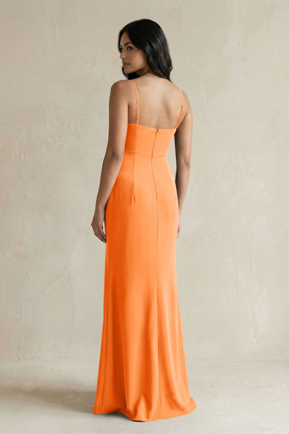 Spaghetti Straps Sheath Stain Bridesmaid Dress With Slit in Orange - KissProm Bridesmaid Dresses