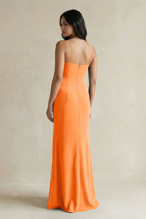 Spaghetti Straps Sheath Stain Bridesmaid Dress With Slit in Orange - KissProm Bridesmaid Dresses