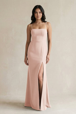 Spaghetti Straps Sheath Stain Bridesmaid Dress With Slit in Pale Blush - KissProm Bridesmaid Dresses