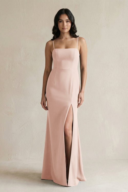 Spaghetti Straps Sheath Stain Bridesmaid Dress With Slit in Pale Blush - KissProm Bridesmaid Dresses