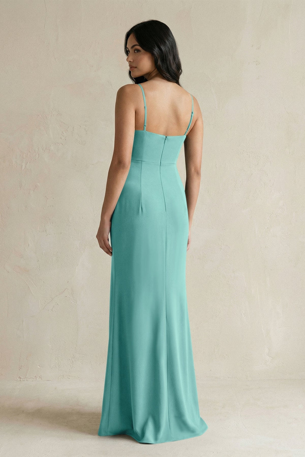 Spaghetti Straps Sheath Stain Bridesmaid Dress With Slit in Pale Pistachio - KissProm Bridesmaid Dresses