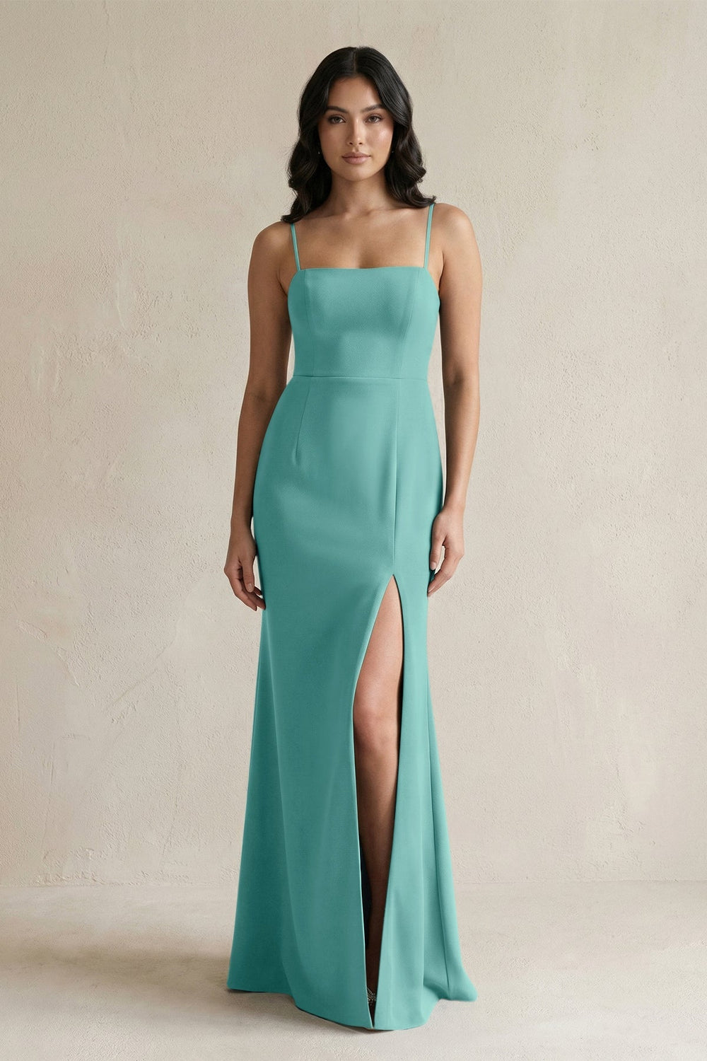 Spaghetti Straps Sheath Stain Bridesmaid Dress With Slit in Pale Pistachio - KissProm Bridesmaid Dresses
