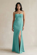 Spaghetti Straps Sheath Stain Bridesmaid Dress With Slit in Pale Pistachio - KissProm Bridesmaid Dresses