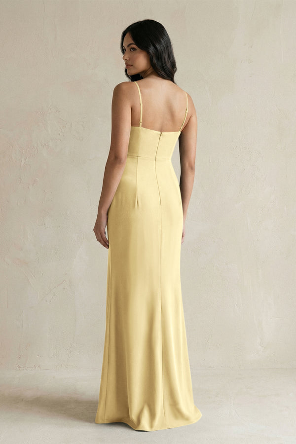 Spaghetti Straps Sheath Stain Bridesmaid Dress With Slit in Pastel Yellow - KissProm Bridesmaid Dresses