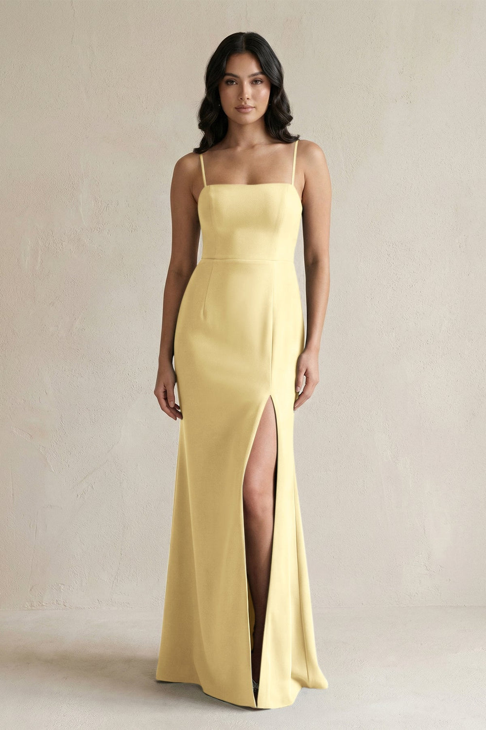 Spaghetti Straps Sheath Stain Bridesmaid Dress With Slit in Pastel Yellow - KissProm Bridesmaid Dresses