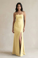 Spaghetti Straps Sheath Stain Bridesmaid Dress With Slit in Pastel Yellow - KissProm Bridesmaid Dresses