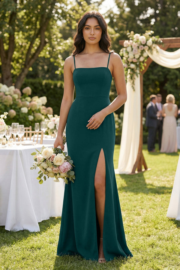 Spaghetti Straps Sheath Stain Bridesmaid Dress With Slit in Pine - KissProm Bridesmaid Dresses