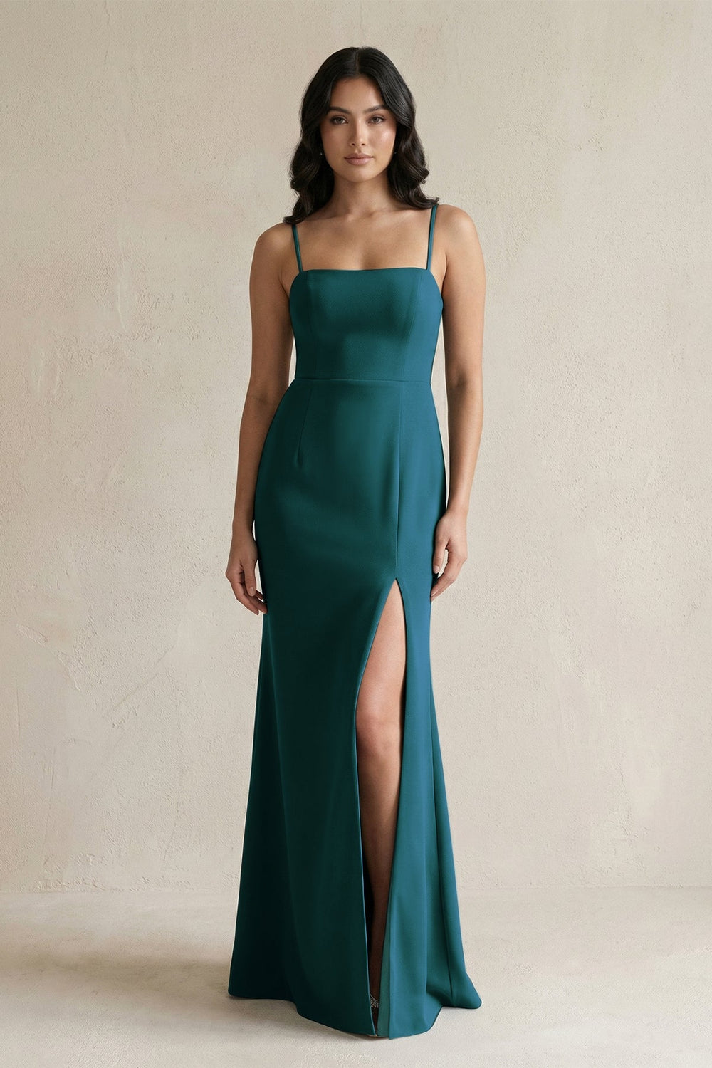 Spaghetti Straps Sheath Stain Bridesmaid Dress With Slit in Pine - KissProm Bridesmaid Dresses
