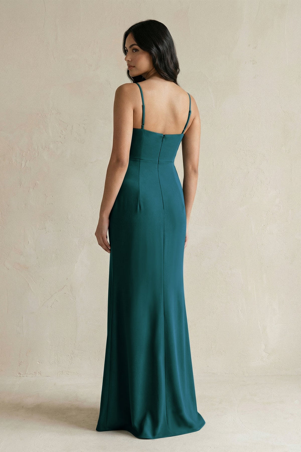 Spaghetti Straps Sheath Stain Bridesmaid Dress With Slit in Pine - KissProm Bridesmaid Dresses