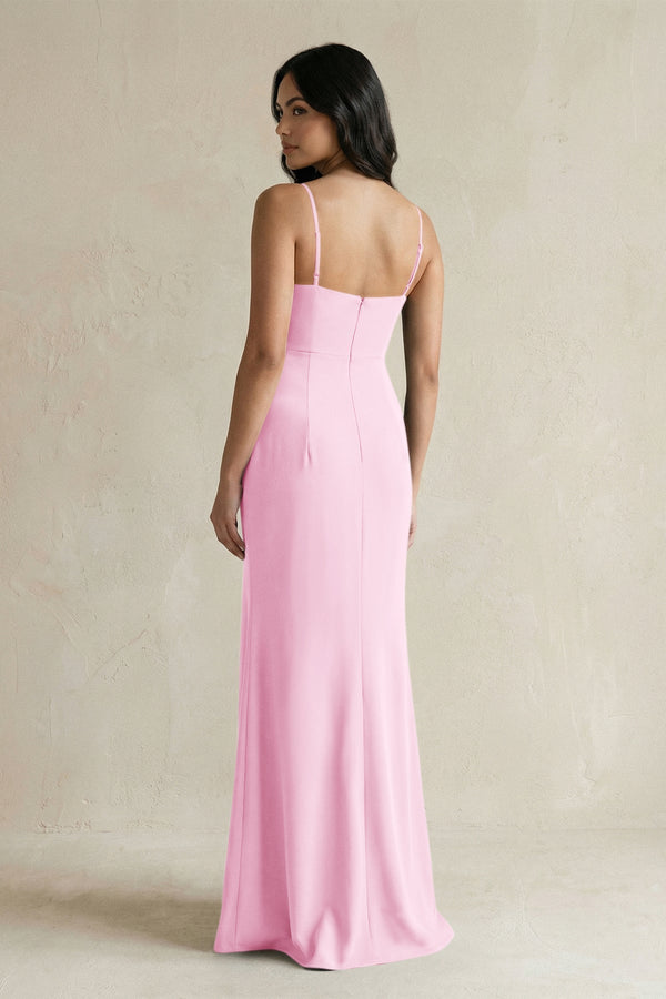 Spaghetti Straps Sheath Stain Bridesmaid Dress With Slit in Pink - KissProm Bridesmaid Dresses