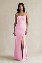 Spaghetti Straps Sheath Stain Bridesmaid Dress With Slit in Pink - KissProm Bridesmaid Dresses