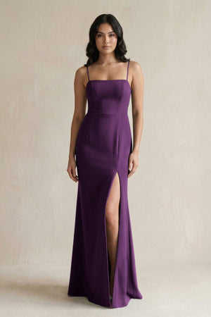 Spaghetti Straps Sheath Stain Bridesmaid Dress With Slit in Plum - KissProm Bridesmaid Dresses