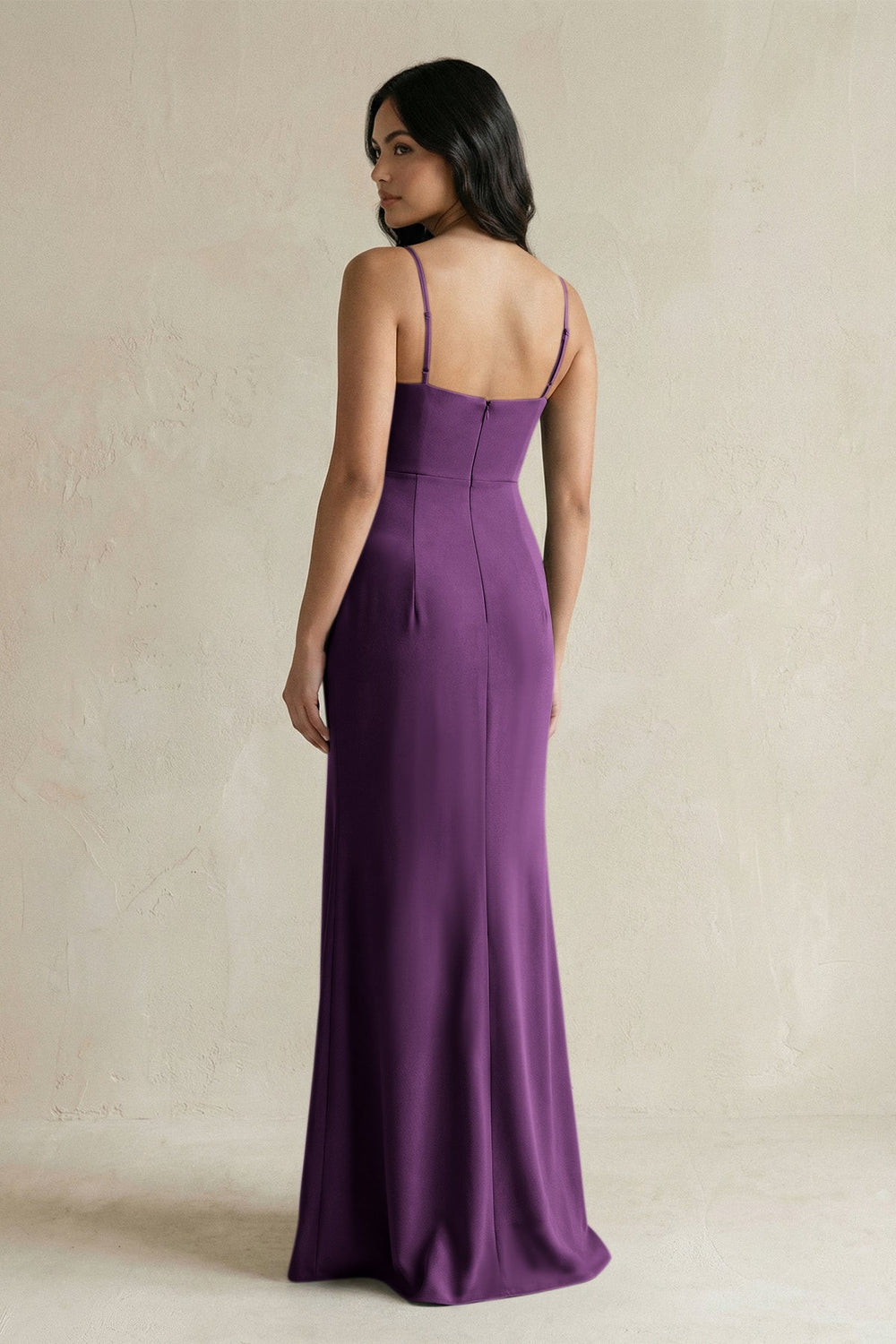 Spaghetti Straps Sheath Stain Bridesmaid Dress With Slit in Plum - KissProm Bridesmaid Dresses