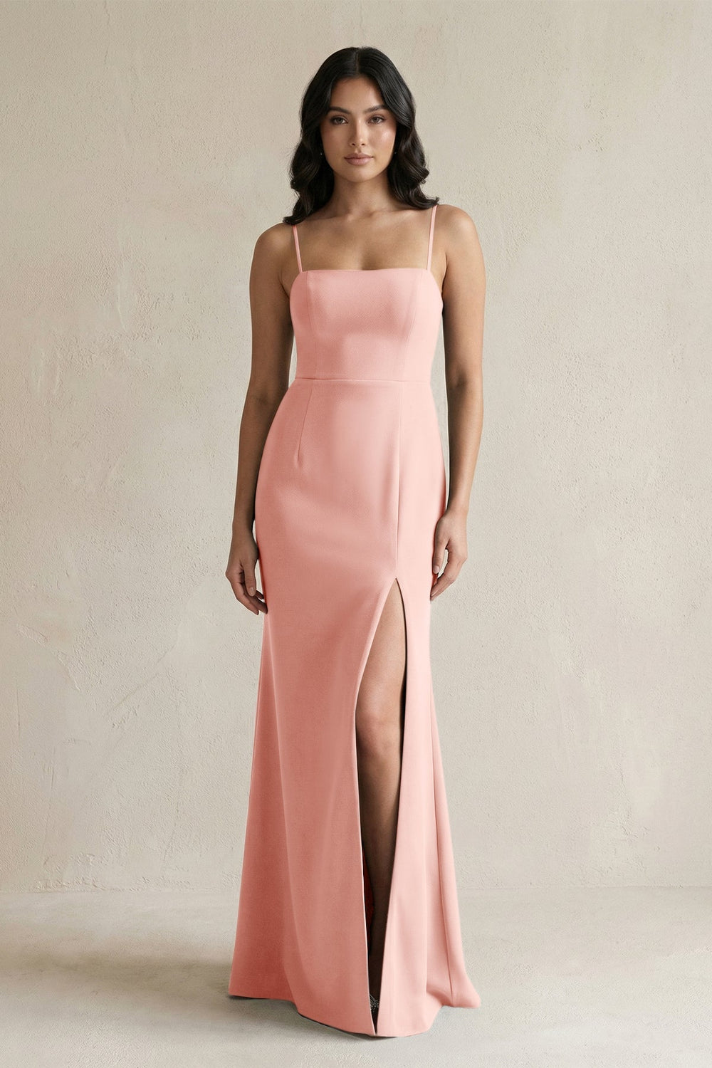 Spaghetti Straps Sheath Stain Bridesmaid Dress With Slit in Rose Petal - KissProm Bridesmaid Dresses