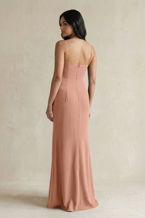 Spaghetti Straps Sheath Stain Bridesmaid Dress With Slit in Rosette - KissProm Bridesmaid Dresses