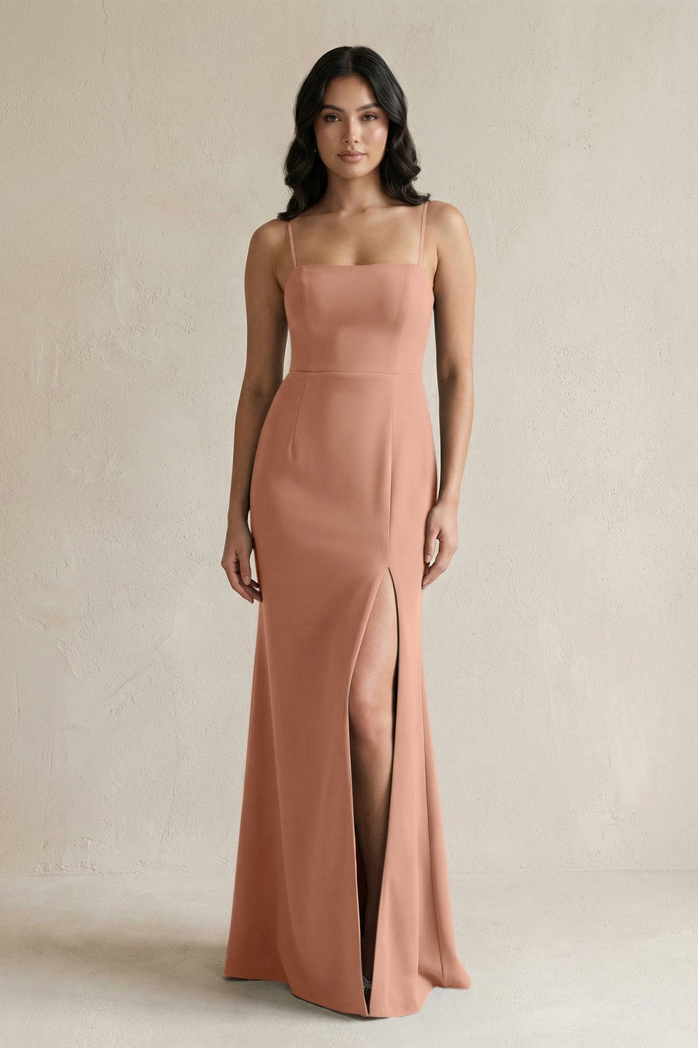 Spaghetti Straps Sheath Stain Bridesmaid Dress With Slit in Rosette - KissProm Bridesmaid Dresses
