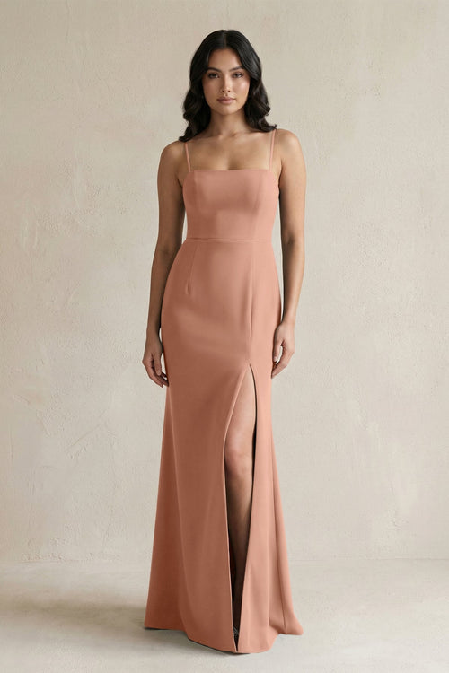 Spaghetti Straps Sheath Stain Bridesmaid Dress With Slit in Rosette - KissProm Bridesmaid Dresses