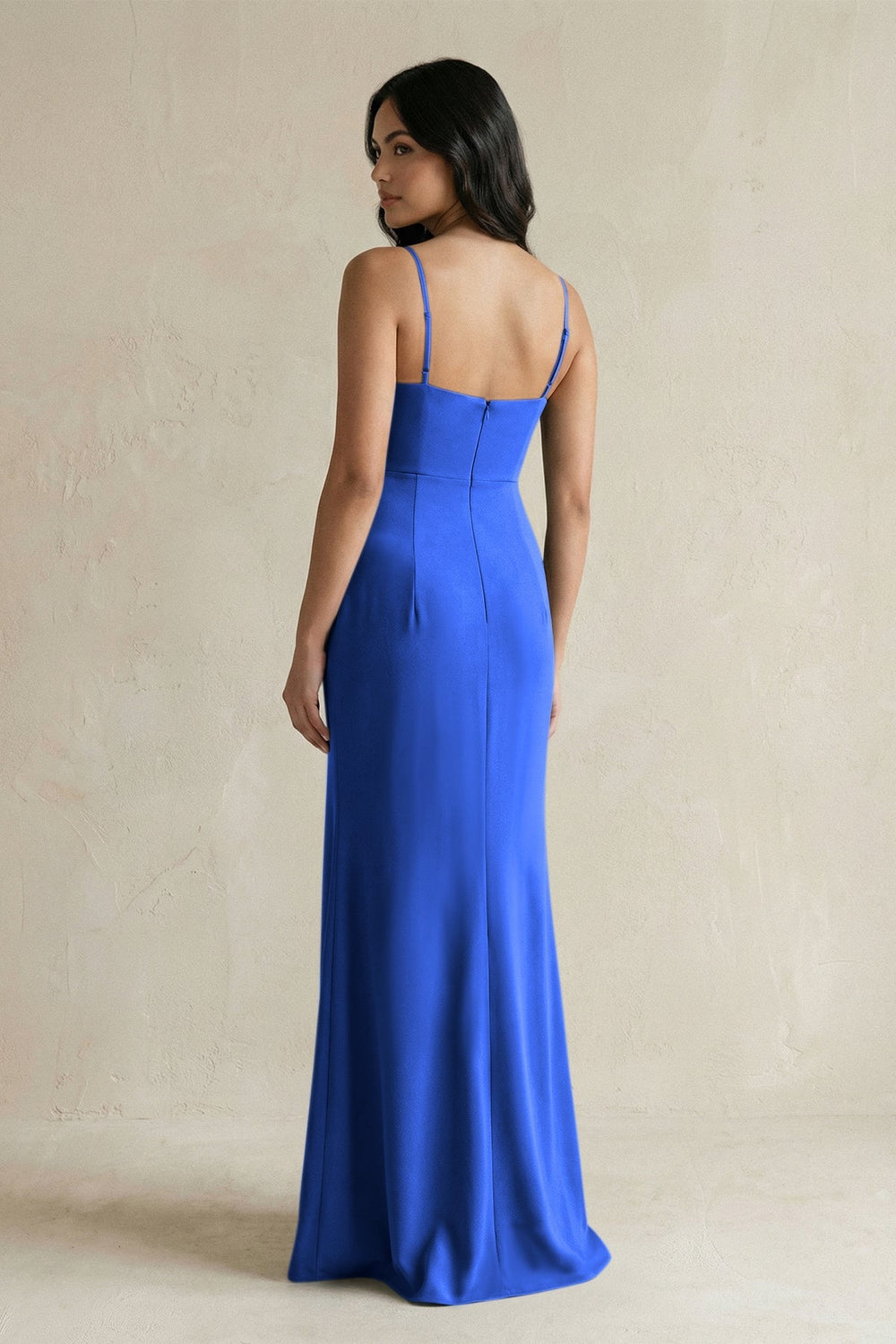Spaghetti Straps Sheath Stain Bridesmaid Dress With Slit in Royal Blue - KissProm Bridesmaid Dresses