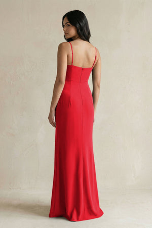 Spaghetti Straps Sheath Stain Bridesmaid Dress With Slit in Ruby Red - KissProm Bridesmaid Dresses