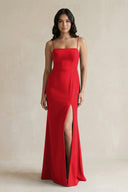 Spaghetti Straps Sheath Stain Bridesmaid Dress With Slit in Ruby Red - KissProm Bridesmaid Dresses