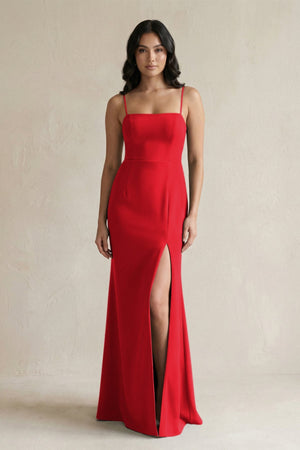 Spaghetti Straps Sheath Stain Bridesmaid Dress With Slit in Ruby Red - KissProm Bridesmaid Dresses