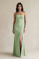 Spaghetti Straps Sheath Stain Bridesmaid Dress With Slit in Sage - KissProm Bridesmaid Dresses
