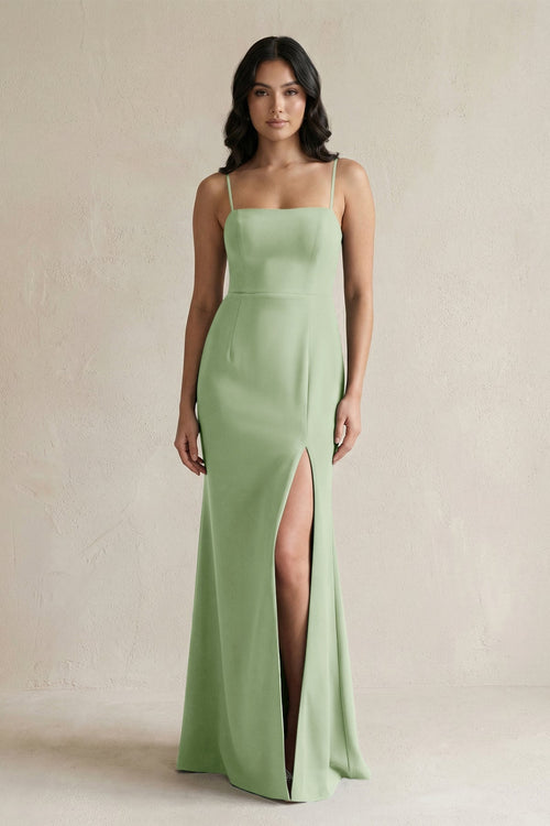 Spaghetti Straps Sheath Stain Bridesmaid Dress With Slit in Sage - KissProm Bridesmaid Dresses