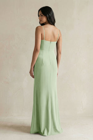 Spaghetti Straps Sheath Stain Bridesmaid Dress With Slit in Sage - KissProm Bridesmaid Dresses