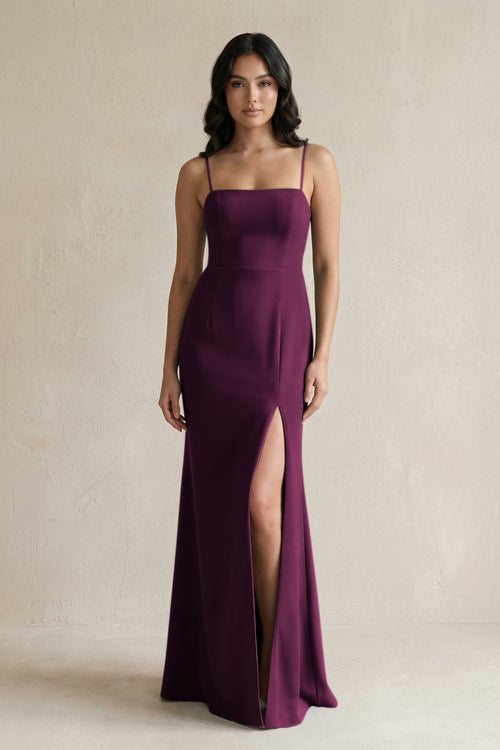 Spaghetti Straps Sheath Stain Bridesmaid Dress With Slit in Sangria - KissProm Bridesmaid Dresses